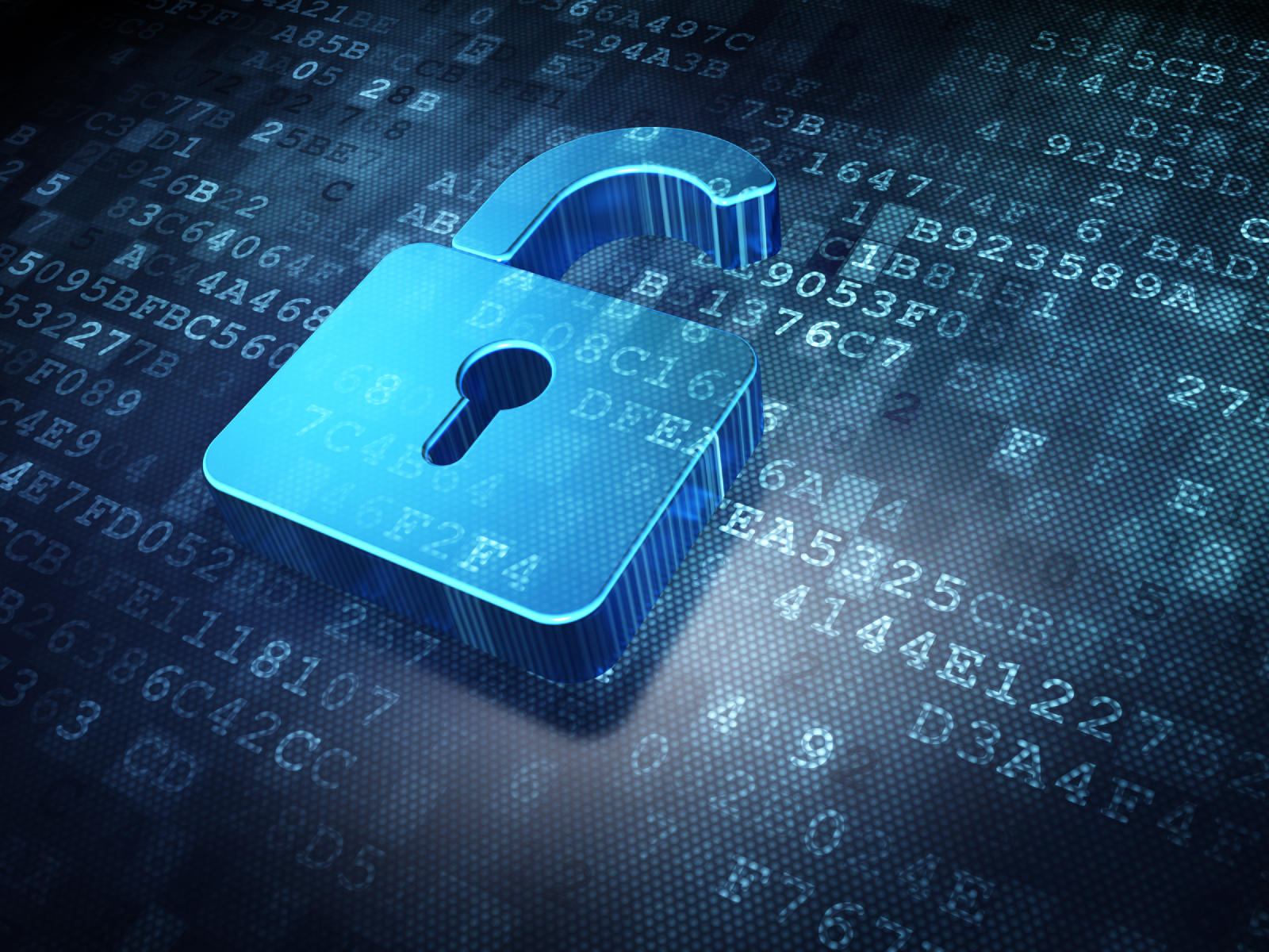 Security concept: blue opened padlock on digital background Security concept: blue opened padlock on digital background, 3d render