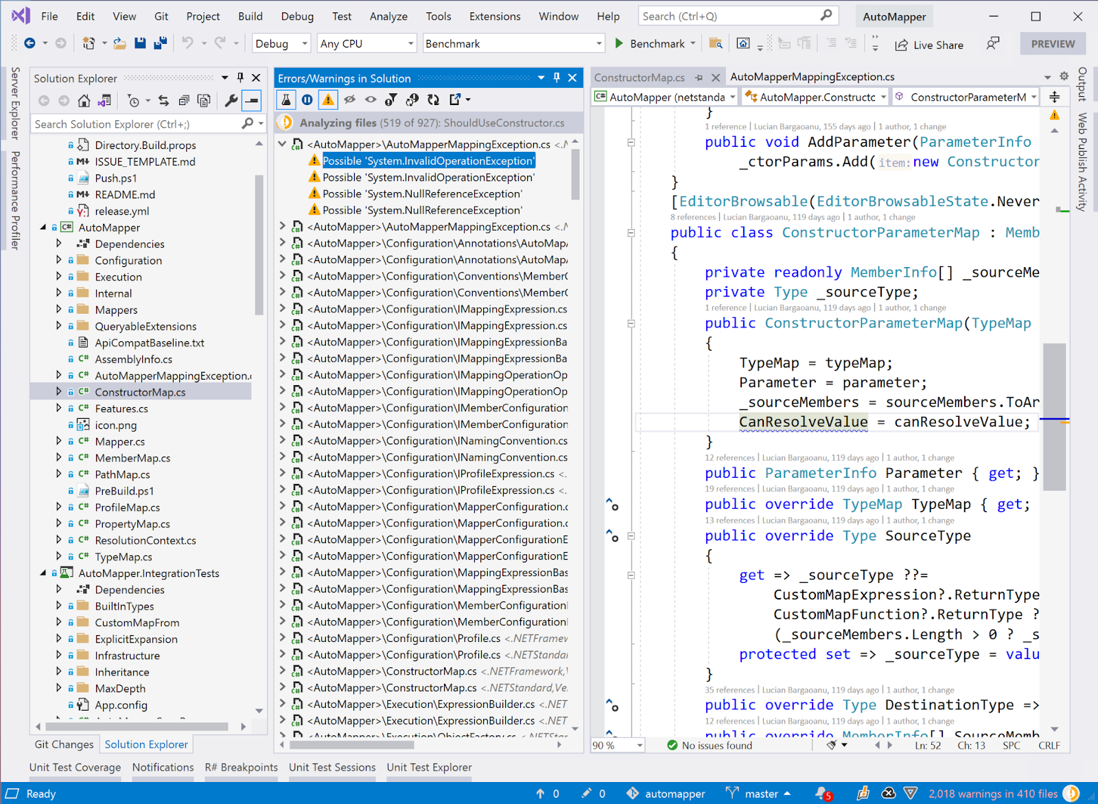  ReSharper analysing a solution for possible errors and warnings.