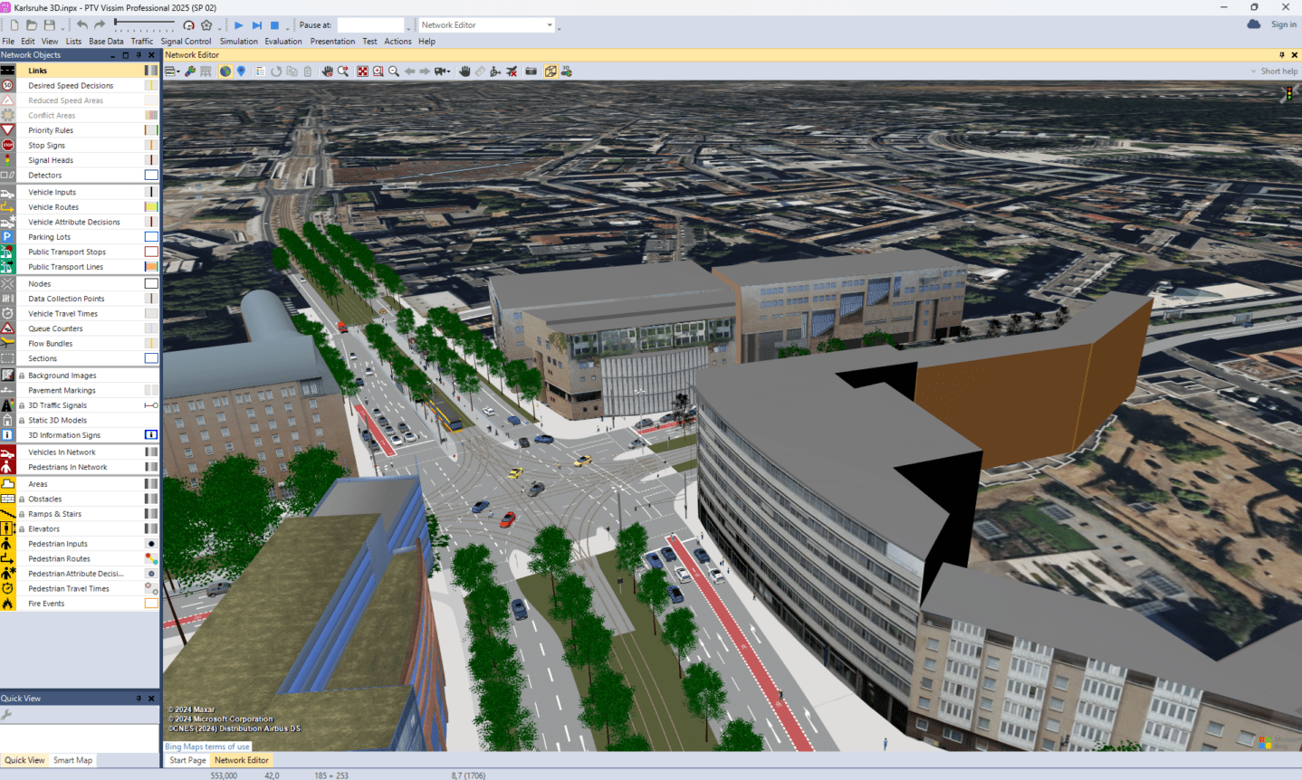Vissim Professional 2025 screen shot of 3D satellite map